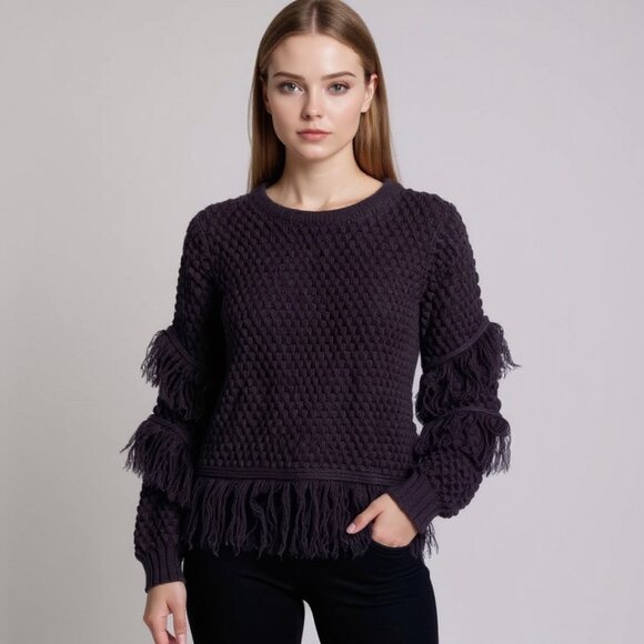RUE STIIC Black Fringe Long Sleeve Knit Sweater - Picture 1 of 13